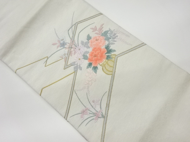 JAPANESE KIMONO / VINTAGE NAGOYA OBI / EMBROIDERY / FLORAL PLANTS & FLOWER VASE